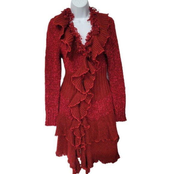 Womens Long Ruffle Cardigan Sweater S Metallic Red Horn Toggle Button - Picture 2 of 11